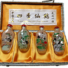4PC Cranes 4 Seasons Red-crowned China Glass Inside Painting Snuff Bottle