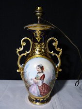 Antique Paris Porcelain Lamp Base Vase Painted Decor Gilding Blue Background