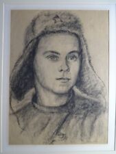 RUSSIAN SCHOOL XX LARGE CHARCOAL DRAWING PORTRAIT YOUNG CHAPKA COMMUNISM RUSSIA 1940