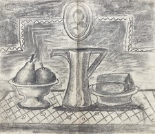 Nature Morte Théière Fruits Service De Table Bol Cuisine Pain Dessin Au Charbon