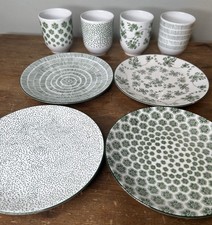 Set 4 IKEA Entusiasm Green Salad Dessert Plates/ Tea Cups, Geometric & Florals