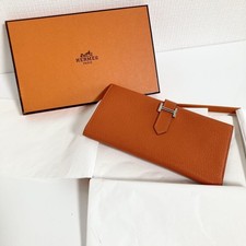 Hermes Long Wallet Orange Chevre Bearn Silver Hardware From Japan Used Authentic