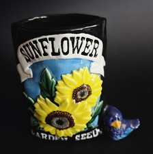 Ceramic Pottery Planter Vase Hand Painted Sunflower Seed Sack & Bird Design 