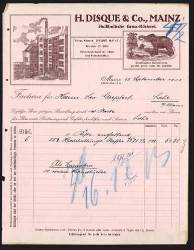 Facture mayence 1913 h - mayence, 1913,