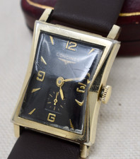 Vintage c. 1950 Longines Mens Hourglass Tank Wristwatch Black Dial 10k GF Cal 9L