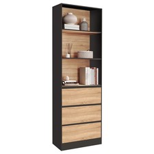 Etagère bibliothèque CARLA 3 niveaux 3 tiroirs noir et effet bois 190 cm