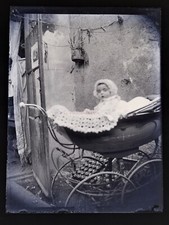 FRANCE baby in his stroller Pram c1900 PHOTO NEGATIVE Vintage glass plate