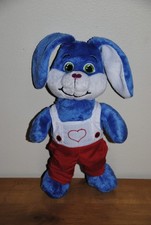 Peluche Doudou Lapin KINDER Bleu Salopette Rouge Blanc Nez Coeur 24 Cm TTBE
