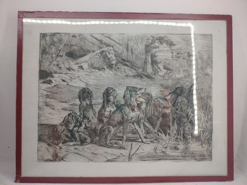 Gravure chiens chasse eau - de,