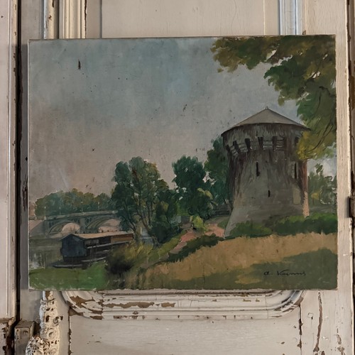 Huile sur toile pigeonnier - , au