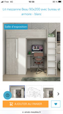 Lit mezzanine 90x200 avec bureau et armoire - blanc