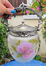 Beautiful antique LEGRAS enamelled cookie bucket / On a pretty floral decor