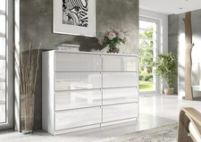 Commode Blanche Haute Brillance avec 8 tiroirs 120 cm, Meuble Rangement Chambre