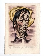 Genuine Etching Don Quixote Hand Coloured Signed Handmade Paper Circa 1930-50