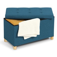 Banc coffre rangement sur pieds 76 cm tissu bleu canard