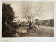 Camille Corot / Henri Guerard gravure eau forte etching Paysage L’écluse