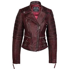 Femmes Véritable Cuir Motard Jacket Slim Fit En Vin