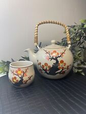 Vintage Signed Asian Sandstone Teapot with Wicker Handle Cup