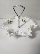 Vintage Fenton Handpainted Silver Crest Handled Candy Dish