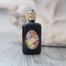 Empty Perfume Miniature, Grey Marbled Bottle Decorated with Birds