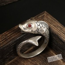Antiqued 925 Sterling Silver Lucky Koi Fish Ring Red CZ Eyes Adjustable Unique