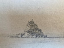 Dessin XIXe 1830 Vue Du Mont Saint Michel Art Église Cathédrale Ancien Mer Océan