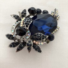 Broche Cabochon Bleu Roi Pierres Du Rhin Ton Argent Vintage Épingle Broche