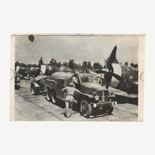 1945C WWII US Military Press Photo, Hunter Aircraft P-47 Thunderbolts w GMC CCKW