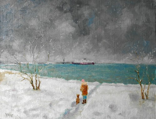 Paysage marin fille - , chien