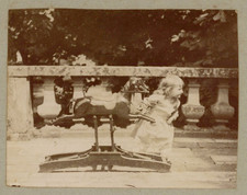 France, girl and her wooden horse, vintage print, ca.1890 France, girl