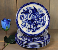 Set of 6 Antique Flow Blue Plates Villeroy & Boch Pheasant Birds 1800s W&B Fasan