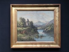 Carel Adolph LION CACHET (1864-1945) Peinture Paysage Animé Lacustre et Montagne