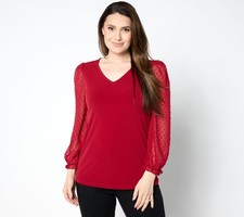 Susan Graver Occasions Liquid Knit V-Neck Top with Novelty Sleeves Sangria L New