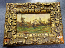 PEINTURE MINIATURE  SUR PANNEAU  REPRESENTANT  UN HAMEAU XIX TRACE DE SIGNATURE