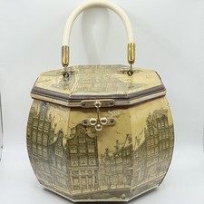 Vintage Anton Pieck Wooden Octagon Decoupage Box Purse Cream Handle Gold Tone