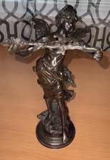Bronze Sculpture Statue Fairy Woman Holding Stick w/ Flowers & Bird- Heavy - 14”