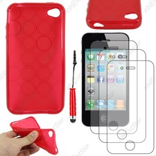 Coque SiliconeCercle Rouge pour Iphone 4S 4+Mini Stylet+3 Film �cran