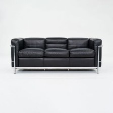 2010s Cassina LC2 3-Seat Sofa w Black Leather by Le Corbusier Jeanneret Perriand