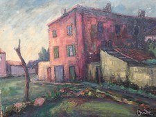 Belle Peinture Paysage Maison immeuble 1950 Huile Sur Panneau Hsp Signé Onde