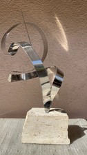 Vtg Italian MCM Artist Signed Abstract Aluminum With  Travertine Base Sculpture