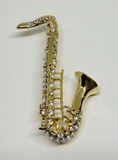 Saxophone With Rhinestones Gold-Tone 2 1/4" Brooch Lapel Pin (P83)