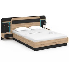 Lit double NATHAN 140 x 190 cm avec tête de lit, chevets suspendus, étagère, LED