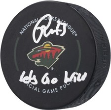 Marco Rossi Minnesota Wild Signed Official Game Puck with "Lets Go Wild" Insc