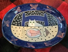 Solveig Cox Whimsical Cat With Fish Pottery Bowl Signed 