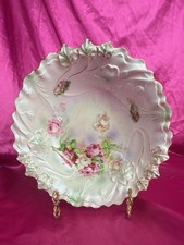 Antique German Porcelain Bowl Hand Painted Roses Embossed Satin Finish Victorian