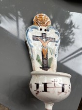 ANTIQUE NEVERS EARTHENWARE BLESSING 18th Christ on cross / 18th Holy font