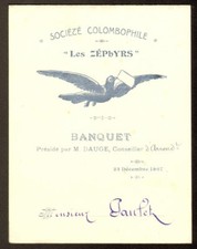 Menu. Société Colombophile Les Zéphyrs. 1907