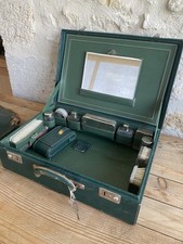 Ancienne valise mallette de voyage en cuir vert-Nécessaire toilette-Vanity-1950