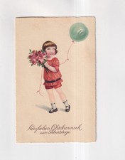 F4207) ANNIVERSAIRE carte de voeux FILLE avec BALLON très ancienne
