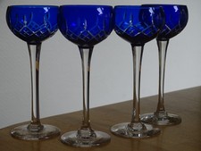 CRISTAL NANCY 4 ANCIENS VERRES A LIQUEUR DOUBLER COLORER BLEU COBALT ht 11,5 cm